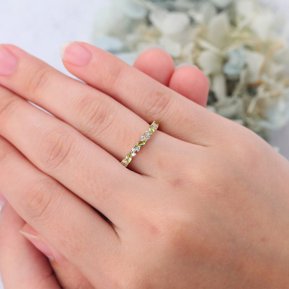 Marquise Peridot Wedding Band Yellow Gold Vintage Half Eternity Band