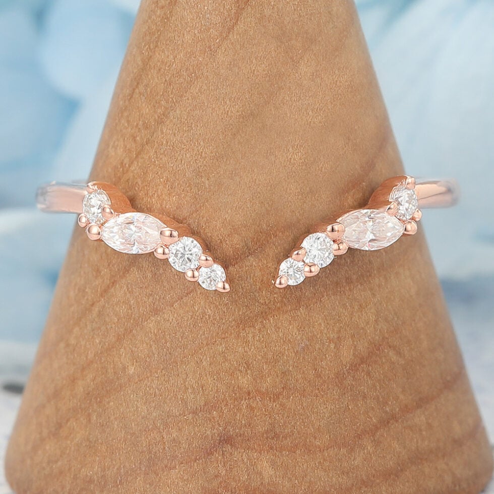 Marquise & Round Moissanite Open Wedding Band Stackable Ring