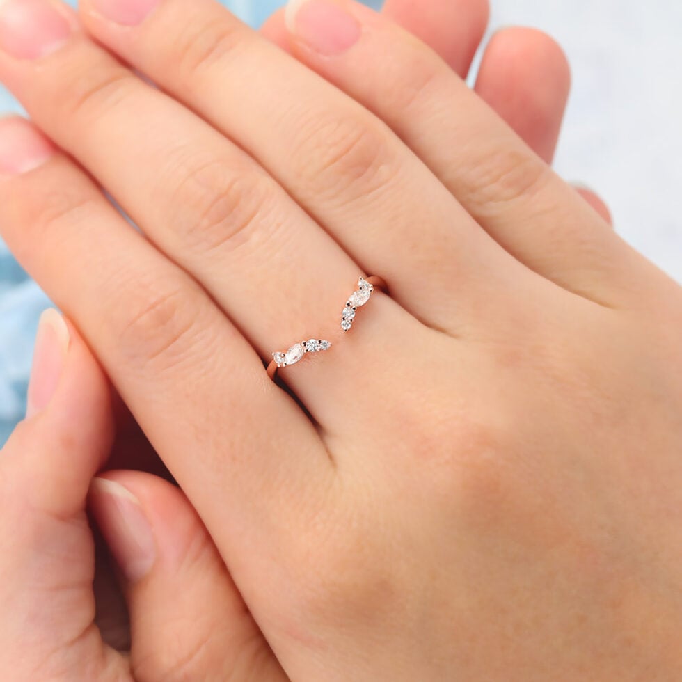 Marquise & Round Moissanite Open Wedding Band Stackable Ring