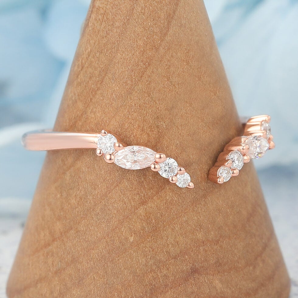 Marquise & Round Moissanite Open Wedding Band Stackable Ring