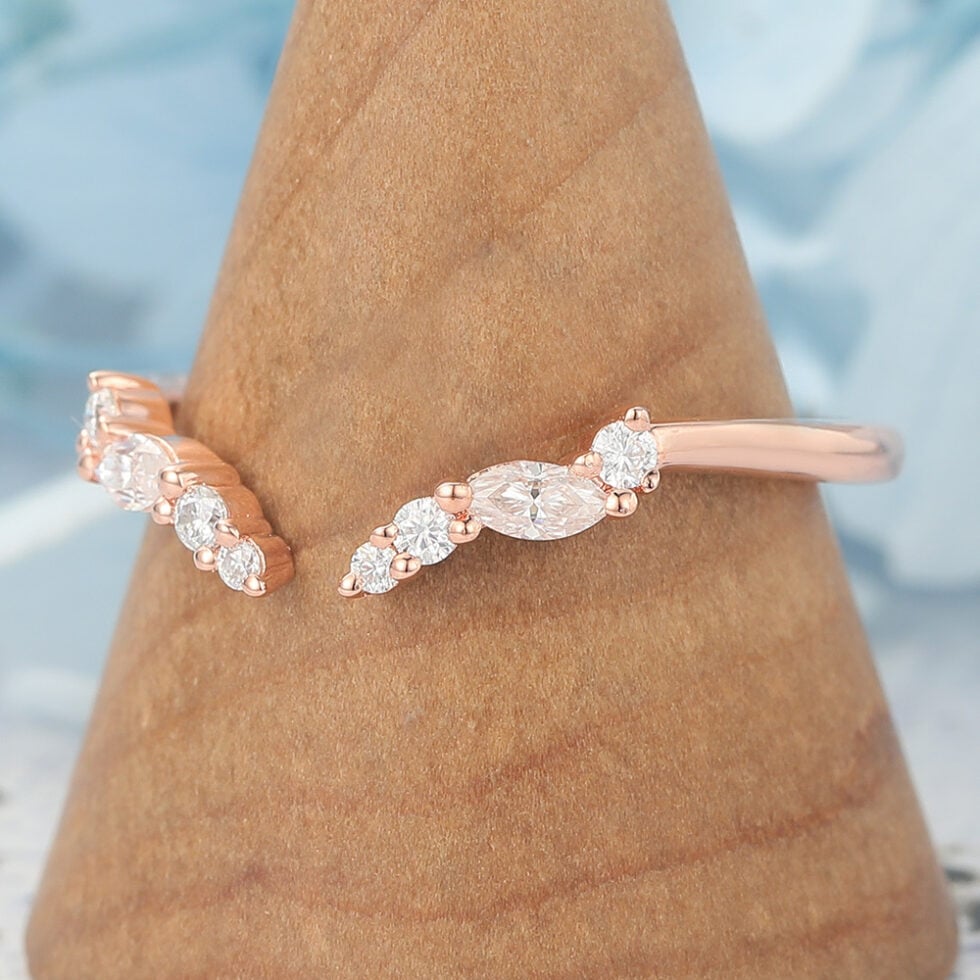 Marquise & Round Moissanite Open Wedding Band Stackable Ring