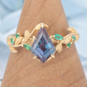 Matte Finish Kite Cut Alexandrite Engagement Ring Vine-Inspired with Emerald Accents