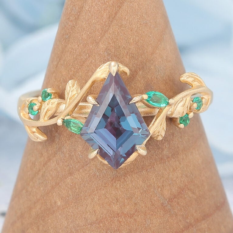 Matte Finish Kite Cut Alexandrite Engagement Ring Vine-Inspired with Emerald Accents