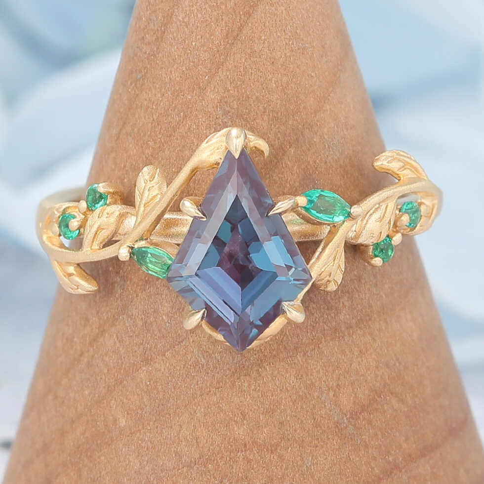 Matte Finish Kite Cut Alexandrite Engagement Ring Vine-Inspired with Emerald Accents