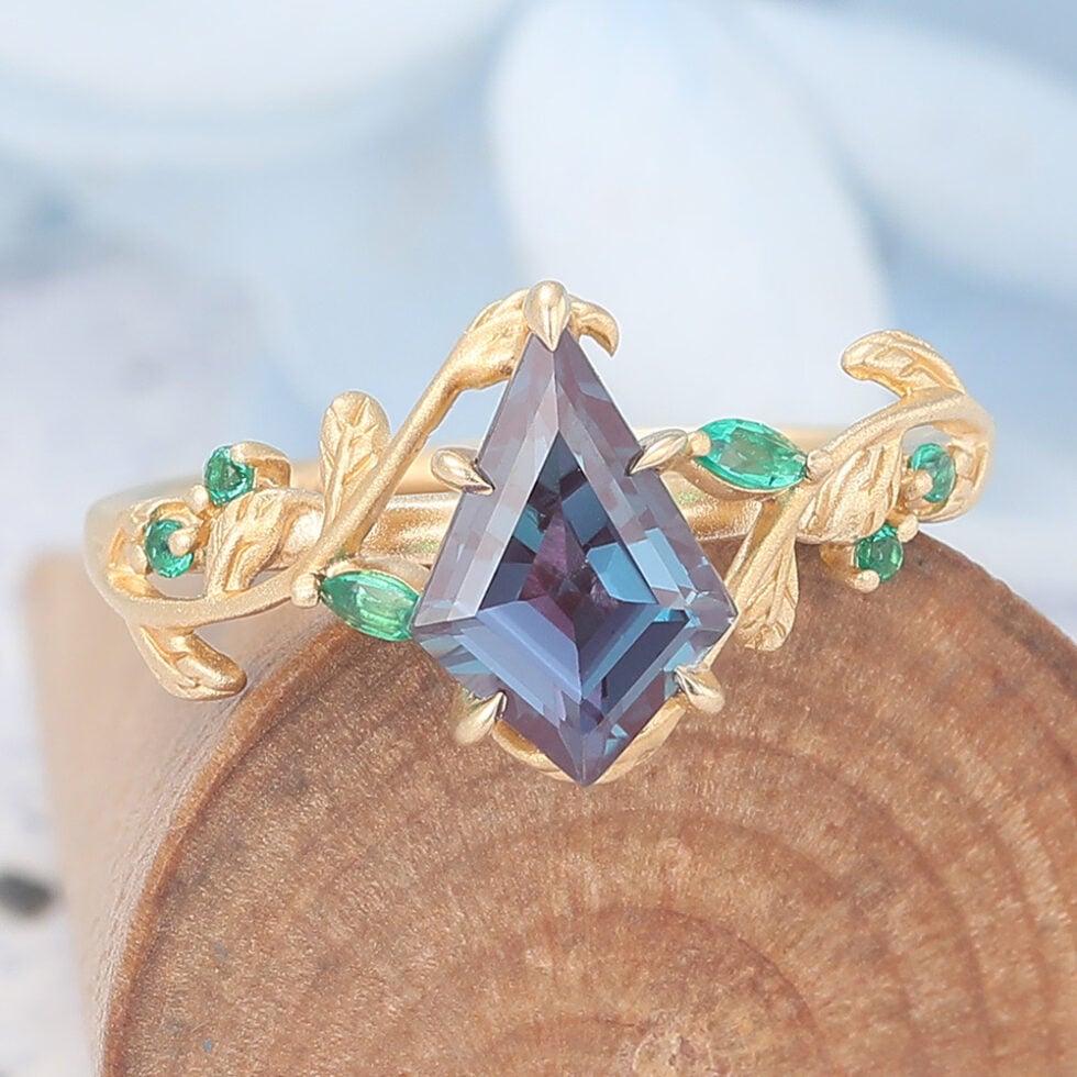 Matte Finish Kite Cut Alexandrite Engagement Ring Vine-Inspired with Emerald Accents