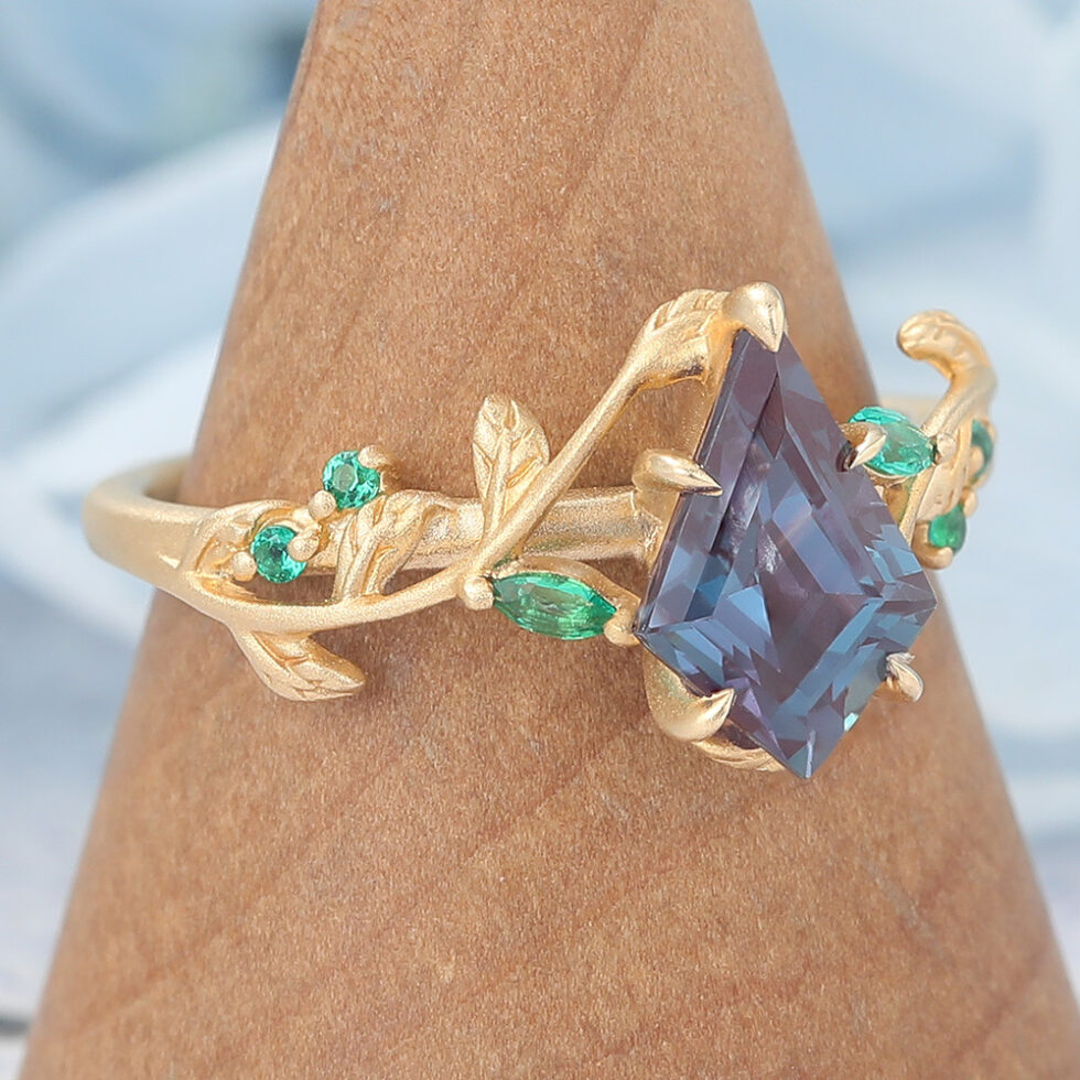 Matte Finish Kite Cut Alexandrite Engagement Ring Vine-Inspired with Emerald Accents