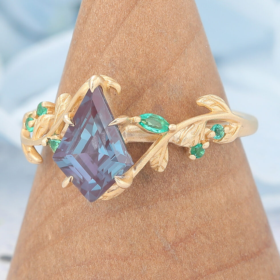 Matte Finish Kite Cut Alexandrite Engagement Ring Vine-Inspired with Emerald Accents