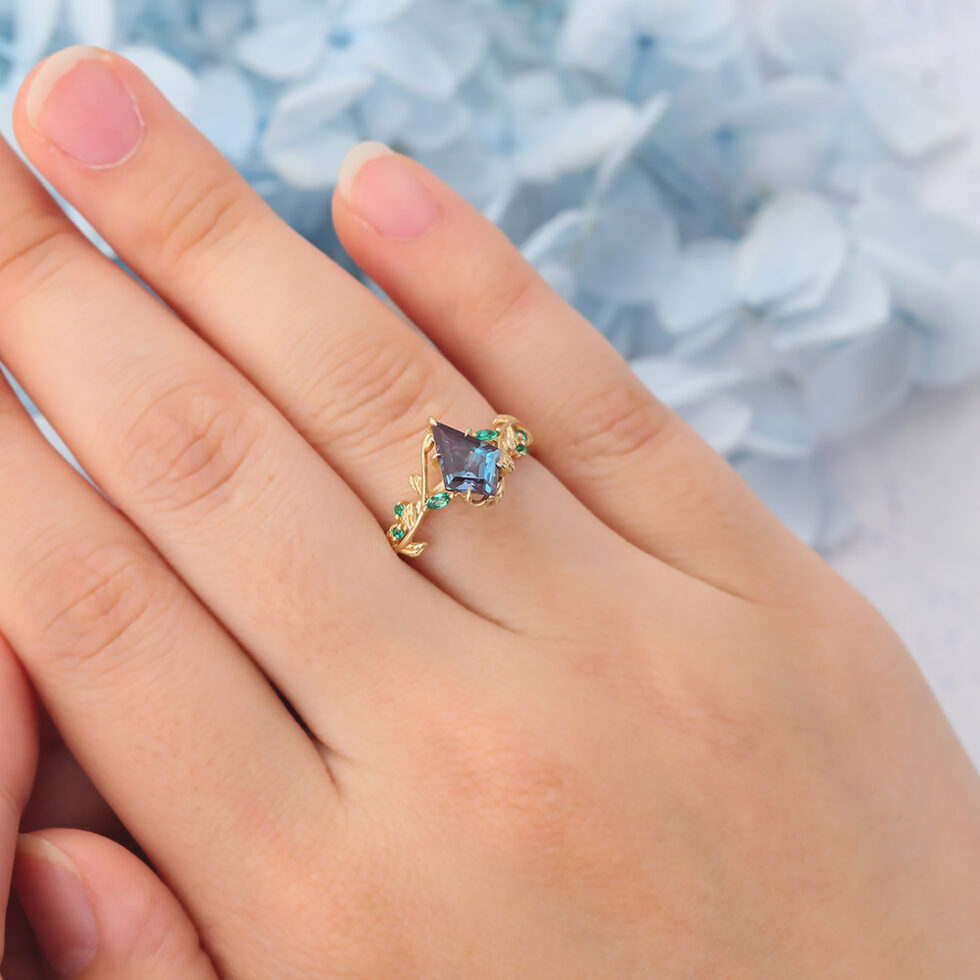 Matte Finish Kite Cut Alexandrite Engagement Ring Vine-Inspired with Emerald Accents