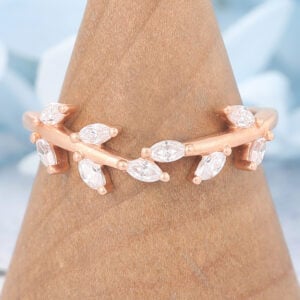 Emerald Cut Moissanite Ring Matte Finish Leaf-Inspired Marquise Moissanite Curved Wedding Band