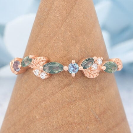 Matte Finish Leaf-Inspired Marquise Moss Agate Wedding Band