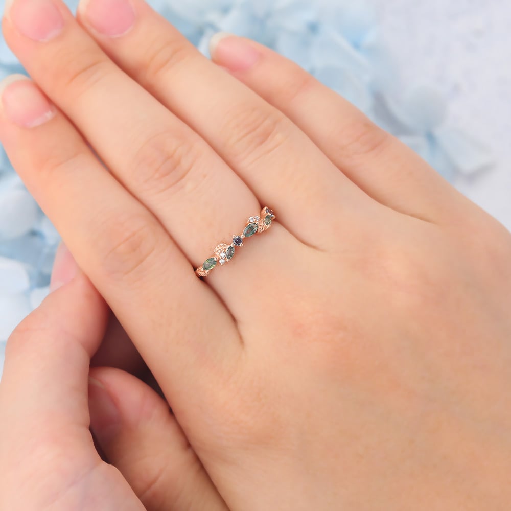Matte Finish Leaf-Inspired Marquise Moss Agate Wedding Band