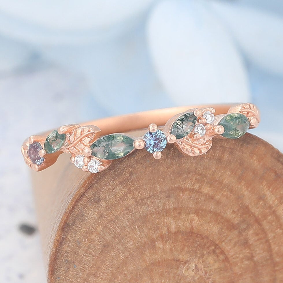 Matte Finish Leaf-Inspired Marquise Moss Agate Wedding Band