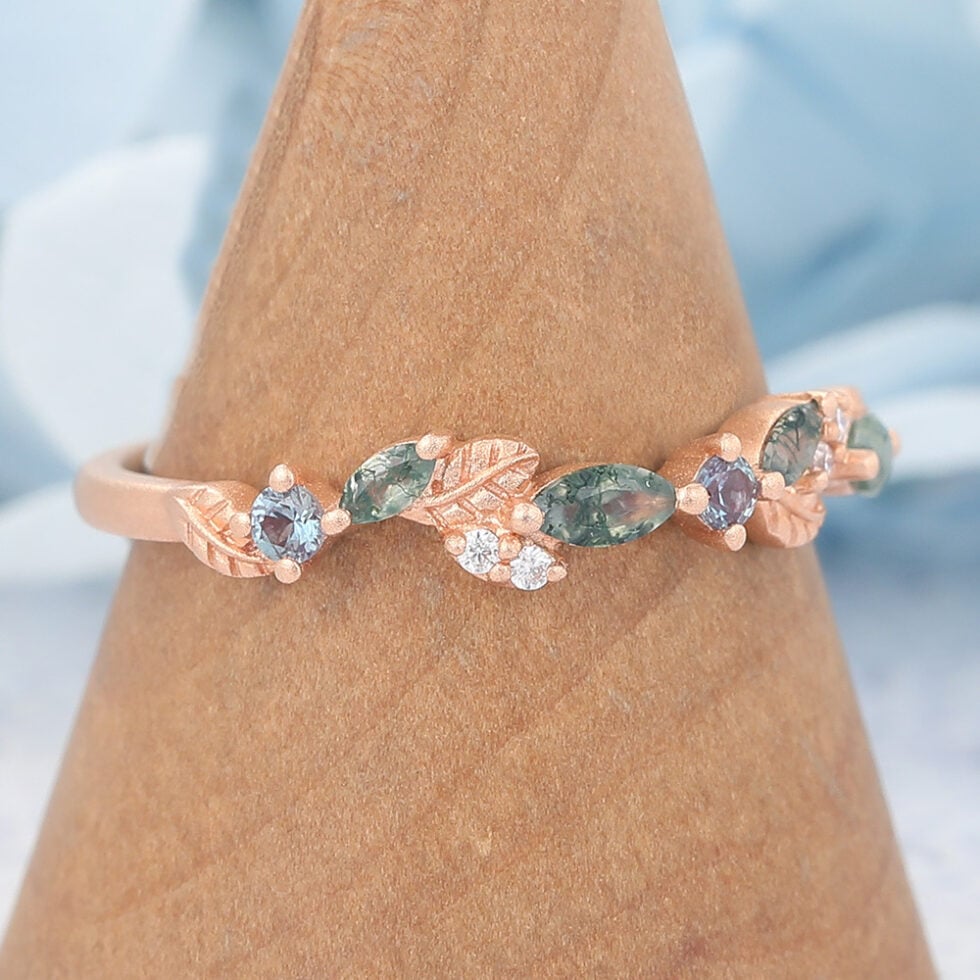 Matte Finish Leaf-Inspired Marquise Moss Agate Wedding Band