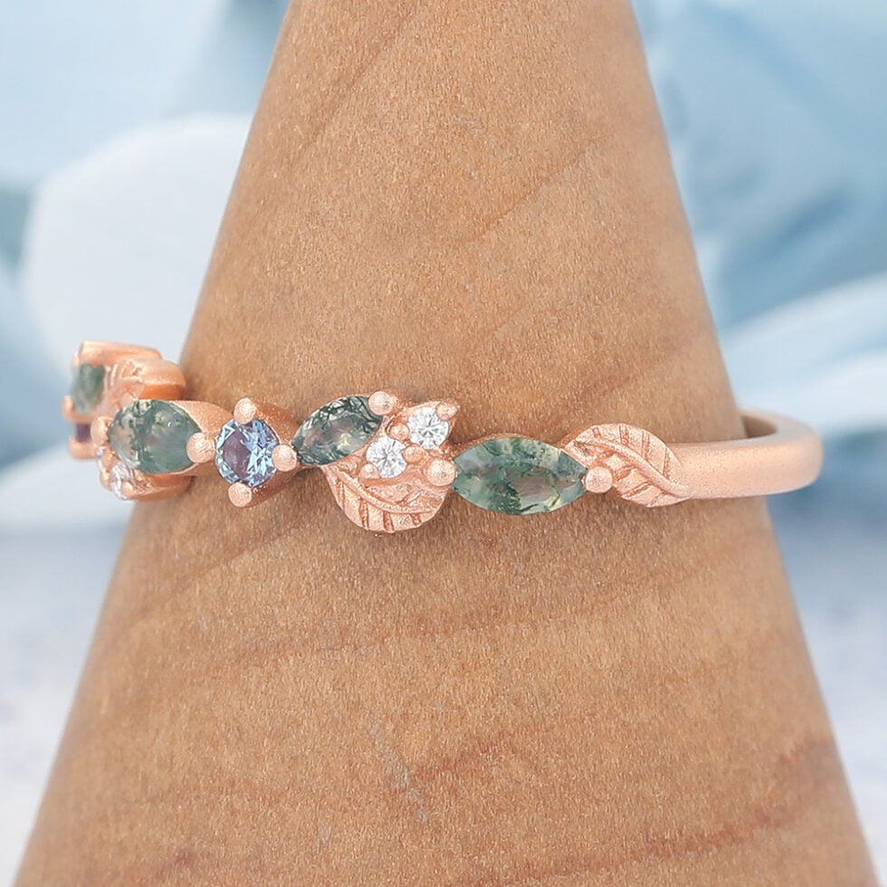 Matte Finish Leaf-Inspired Marquise Moss Agate Wedding Band