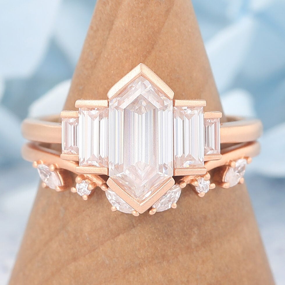 Matte Finish Art Deco Long Hexagon Cut Moissanite Bridal Ring Set