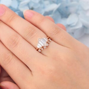 Matte Finish Art Deco Long Hexagon Cut Moissanite Bridal Ring Set