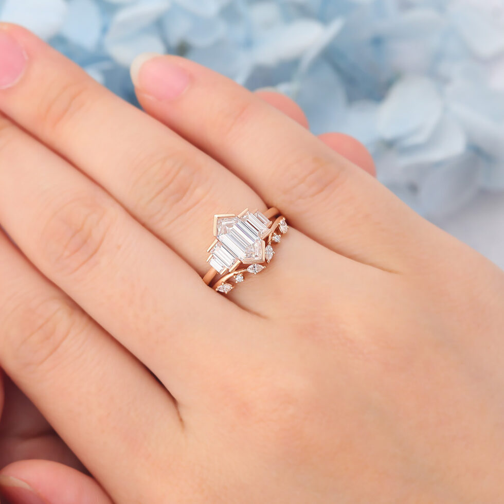 Matte Finish Art Deco Long Hexagon Cut Moissanite Bridal Ring Set