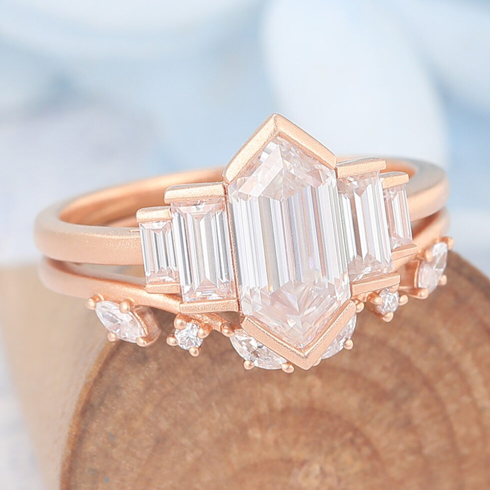 Matte Finish Art Deco Long Hexagon Cut Moissanite Bridal Ring Set