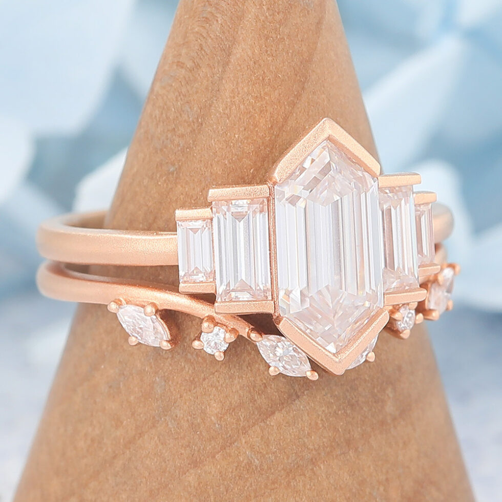Matte Finish Art Deco Long Hexagon Cut Moissanite Bridal Ring Set