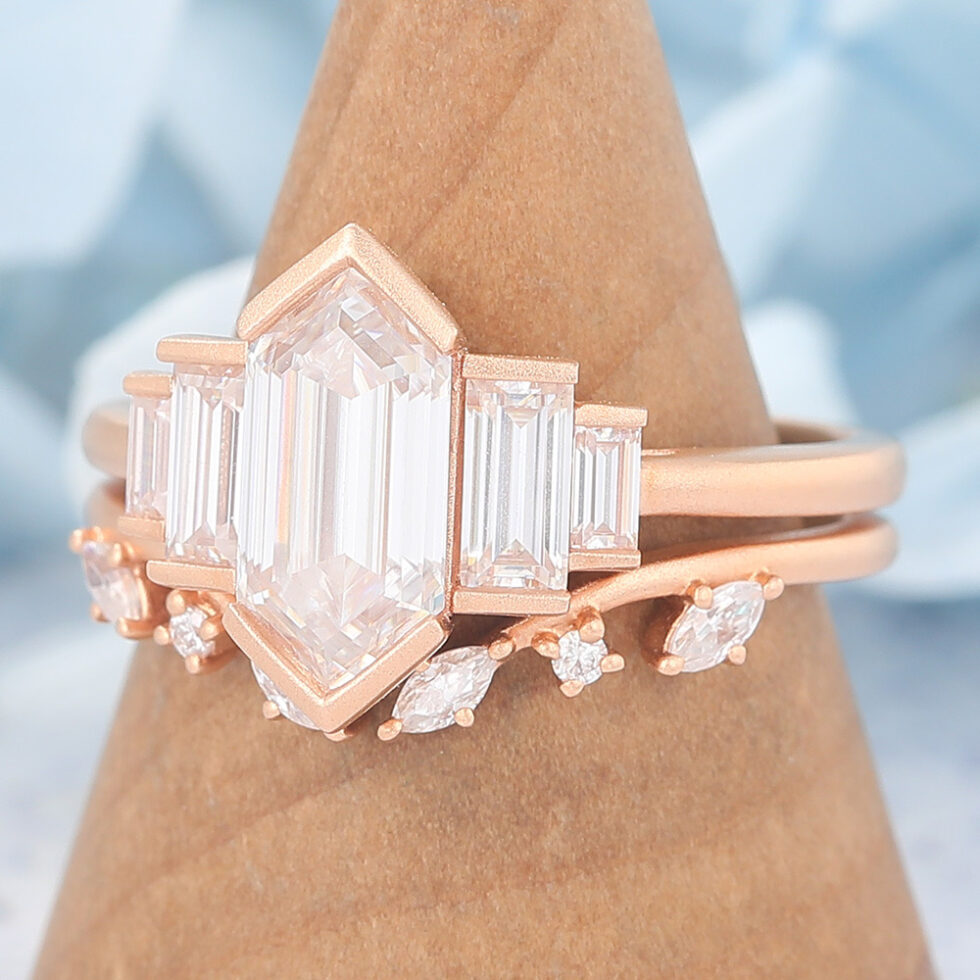 Matte Finish Art Deco Long Hexagon Cut Moissanite Bridal Ring Set