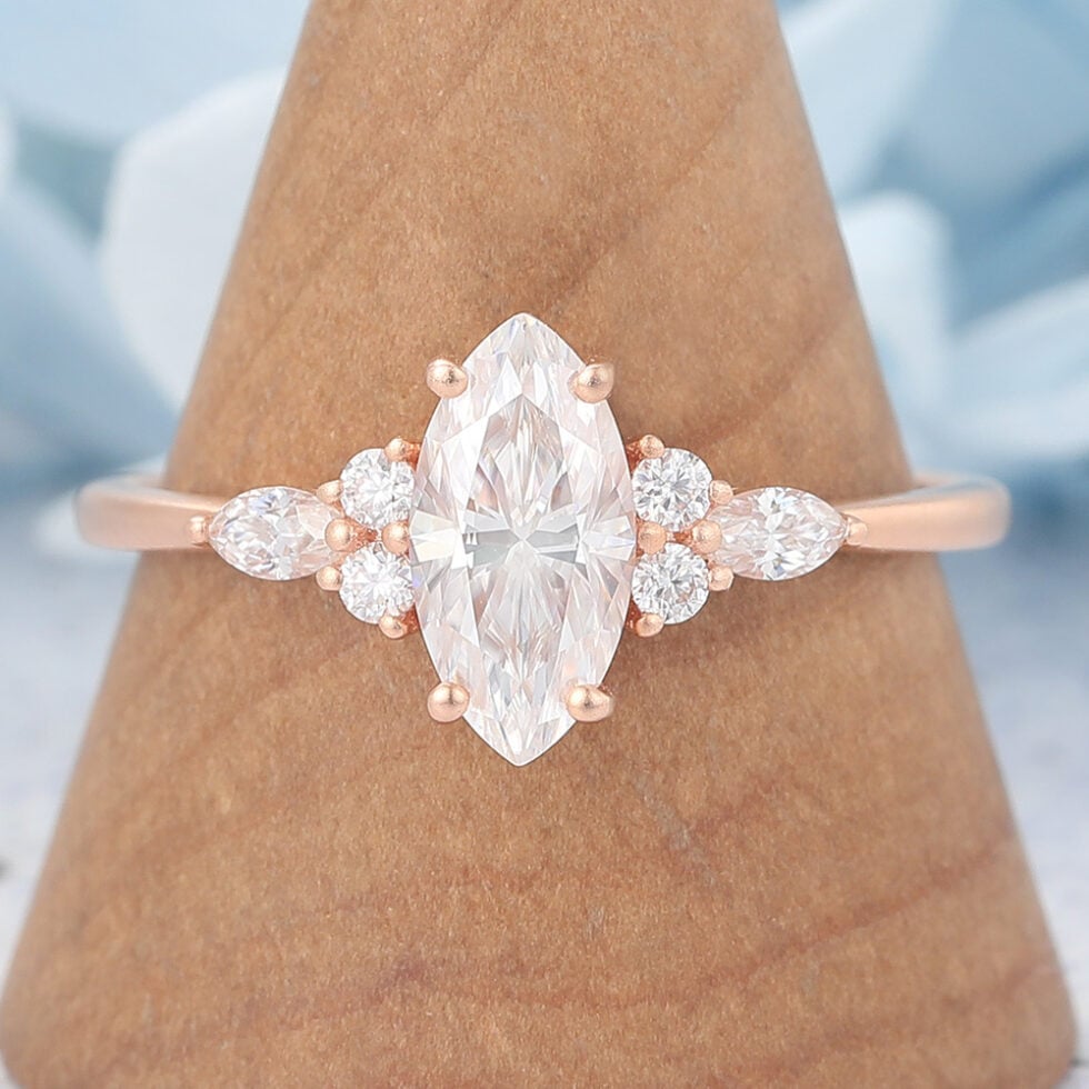 Matte Finish Marquise Cut Moissanite Cluster Engagement Ring