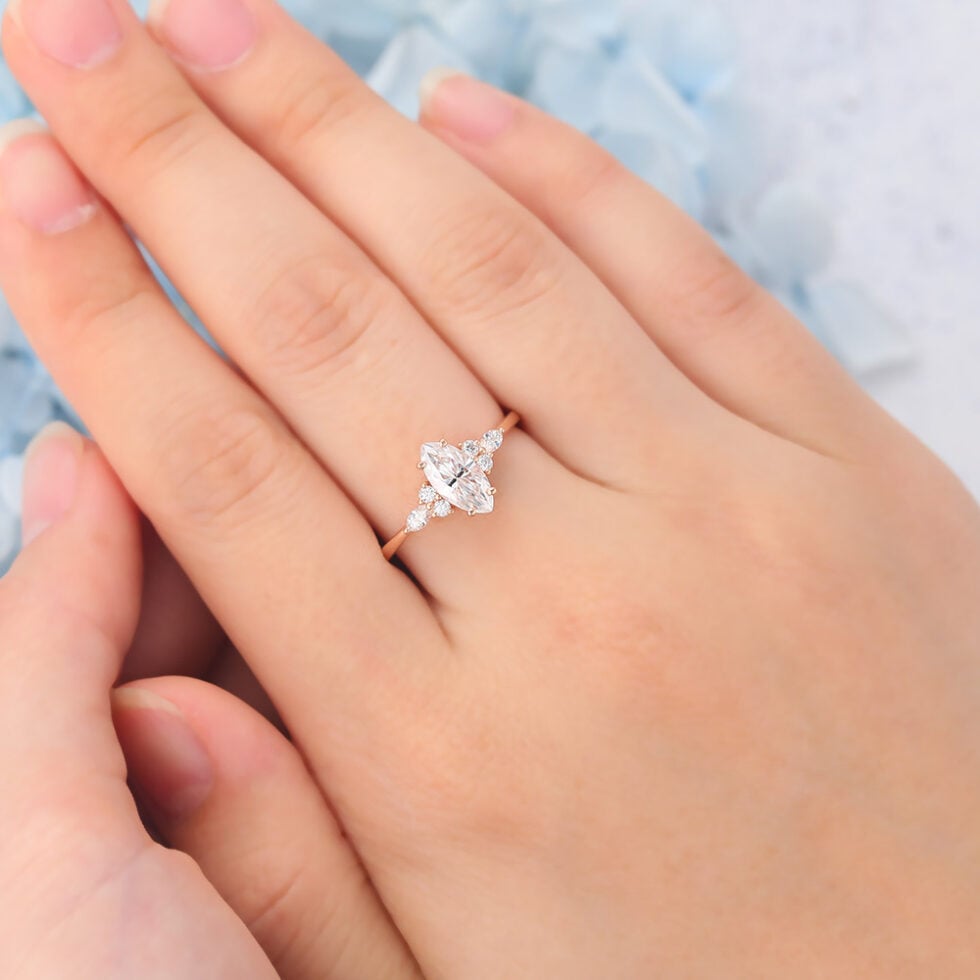 Matte Finish Marquise Cut Moissanite Cluster Engagement Ring