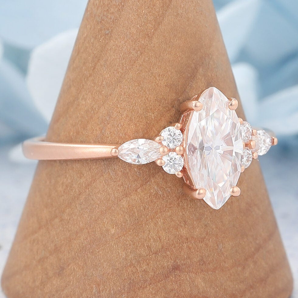 Matte Finish Marquise Cut Moissanite Cluster Engagement Ring