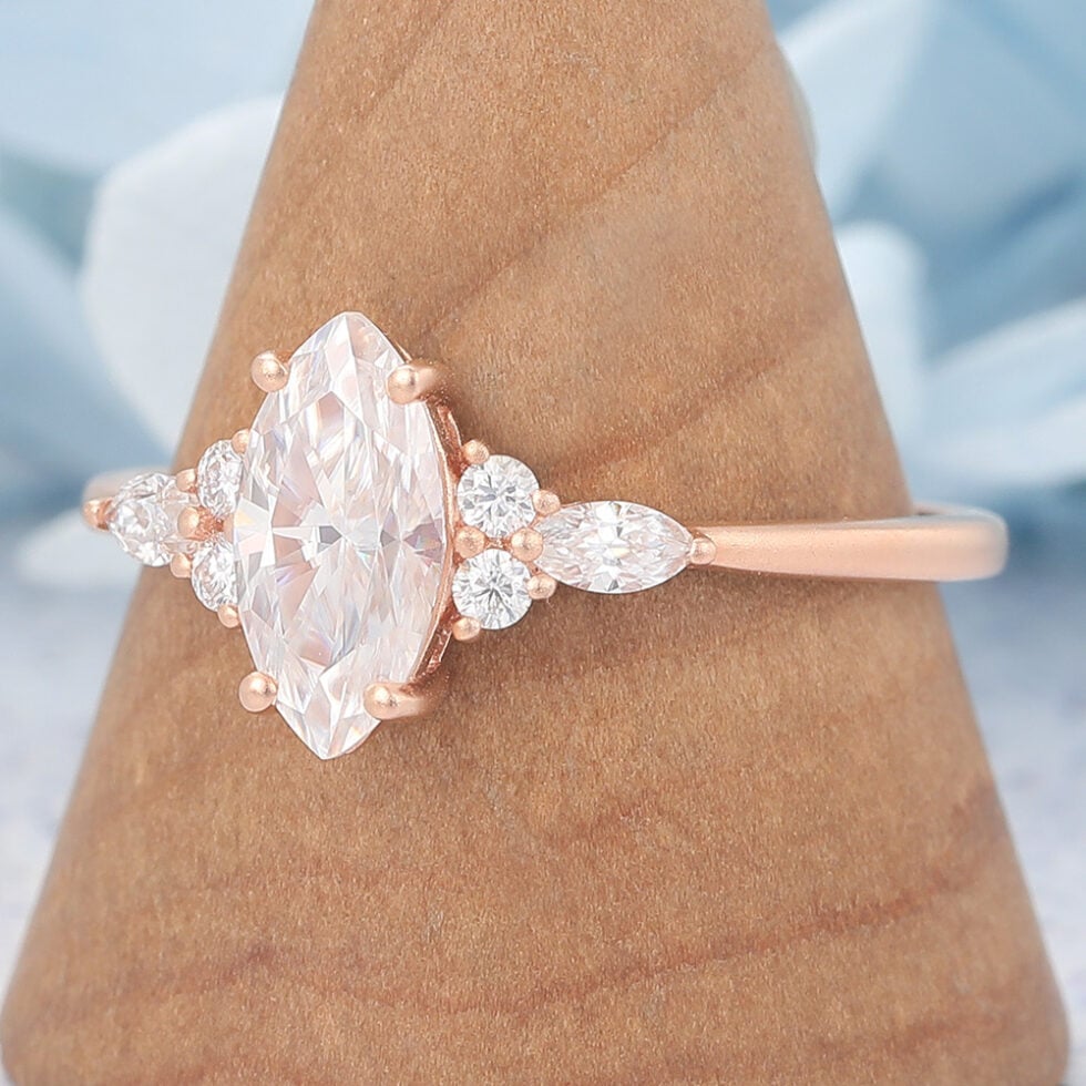 Matte Finish Marquise Cut Moissanite Cluster Engagement Ring