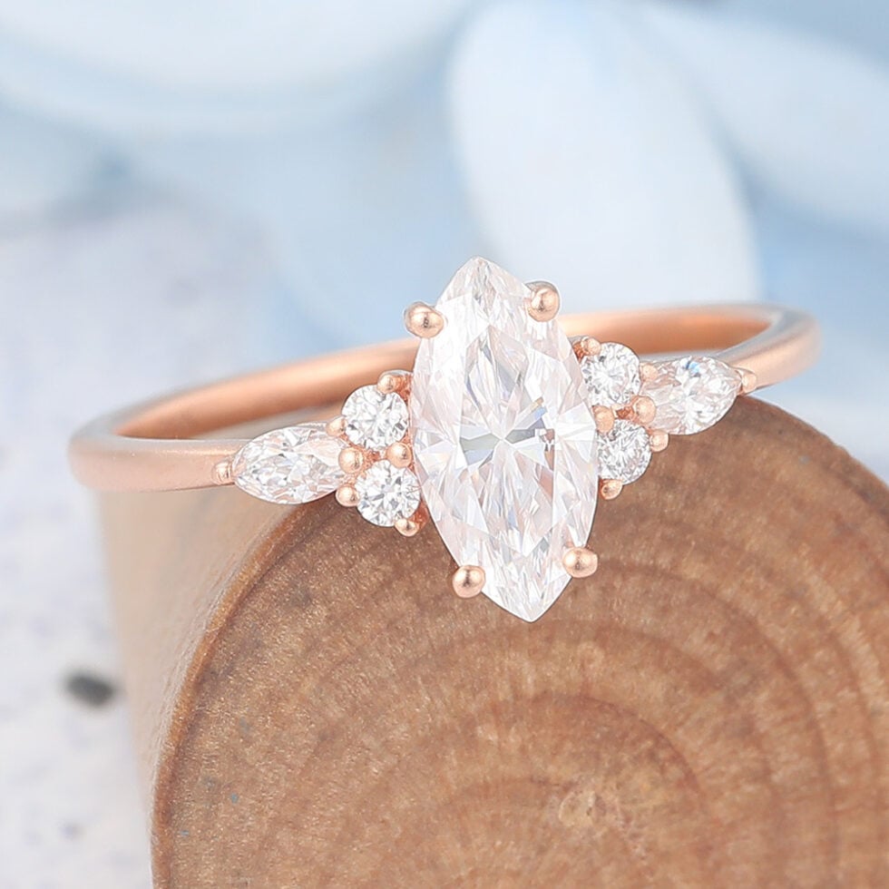 Matte Finish Marquise Cut Moissanite Cluster Engagement Ring