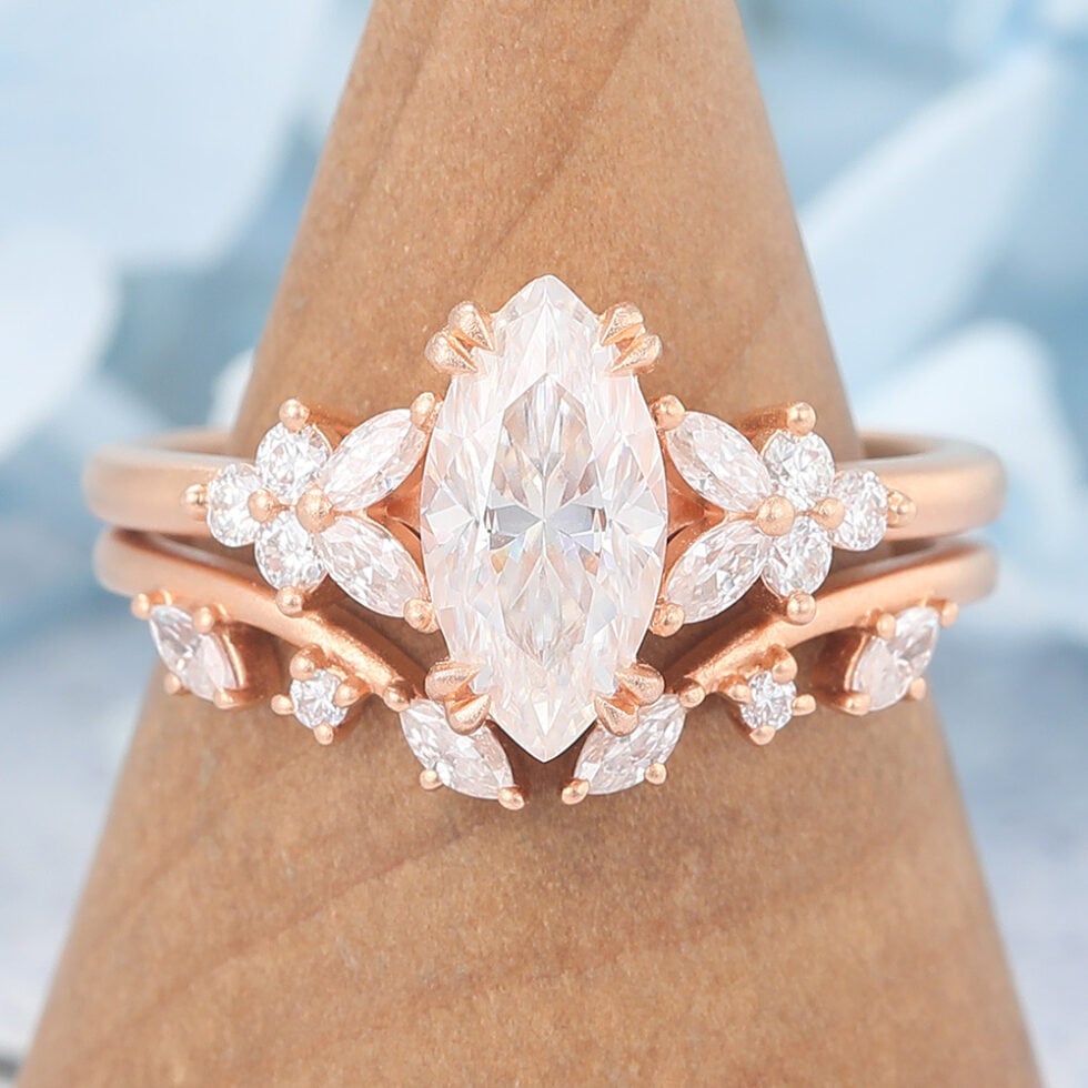 Does Moissanite Scratch Matte Finish Marquise Cut Moissanite Engagement Ring Set Nature-Inspired Design