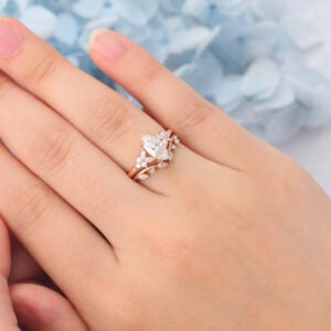 Matte Finish Marquise Cut Moissanite Engagement Ring Set Nature-Inspired Design