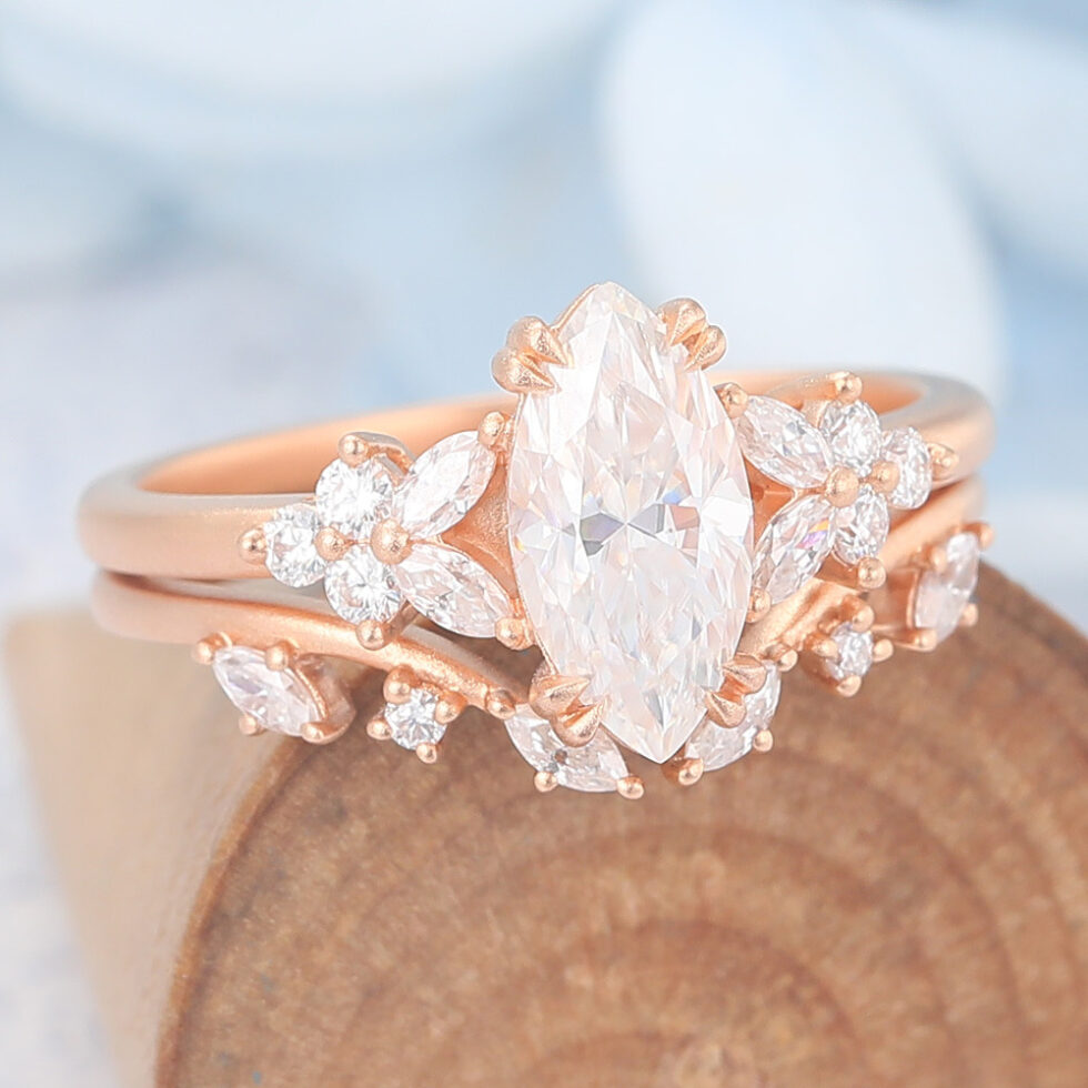 Matte Finish Marquise Cut Moissanite Engagement Ring Set Nature-Inspired Design