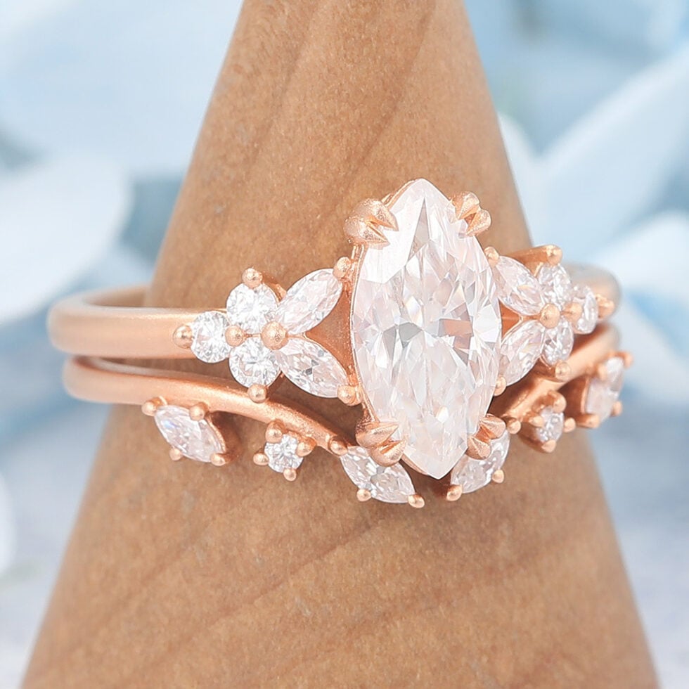 Matte Finish Marquise Cut Moissanite Engagement Ring Set Nature-Inspired Design