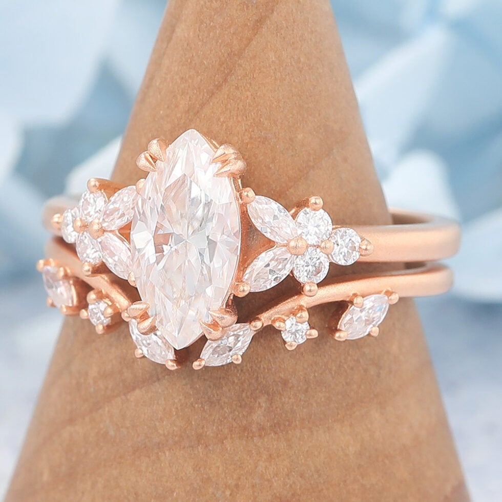 Matte Finish Marquise Cut Moissanite Engagement Ring Set Nature-Inspired Design