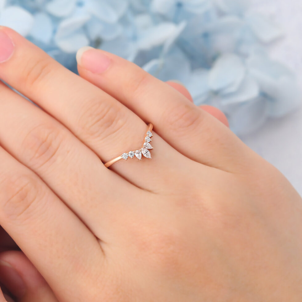 Matte Finish Marquise Moissanite Curved Wedding Band Stacked Ring