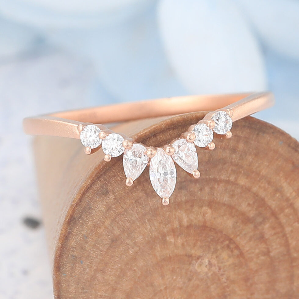 Matte Finish Marquise Moissanite Curved Wedding Band Stacked Ring