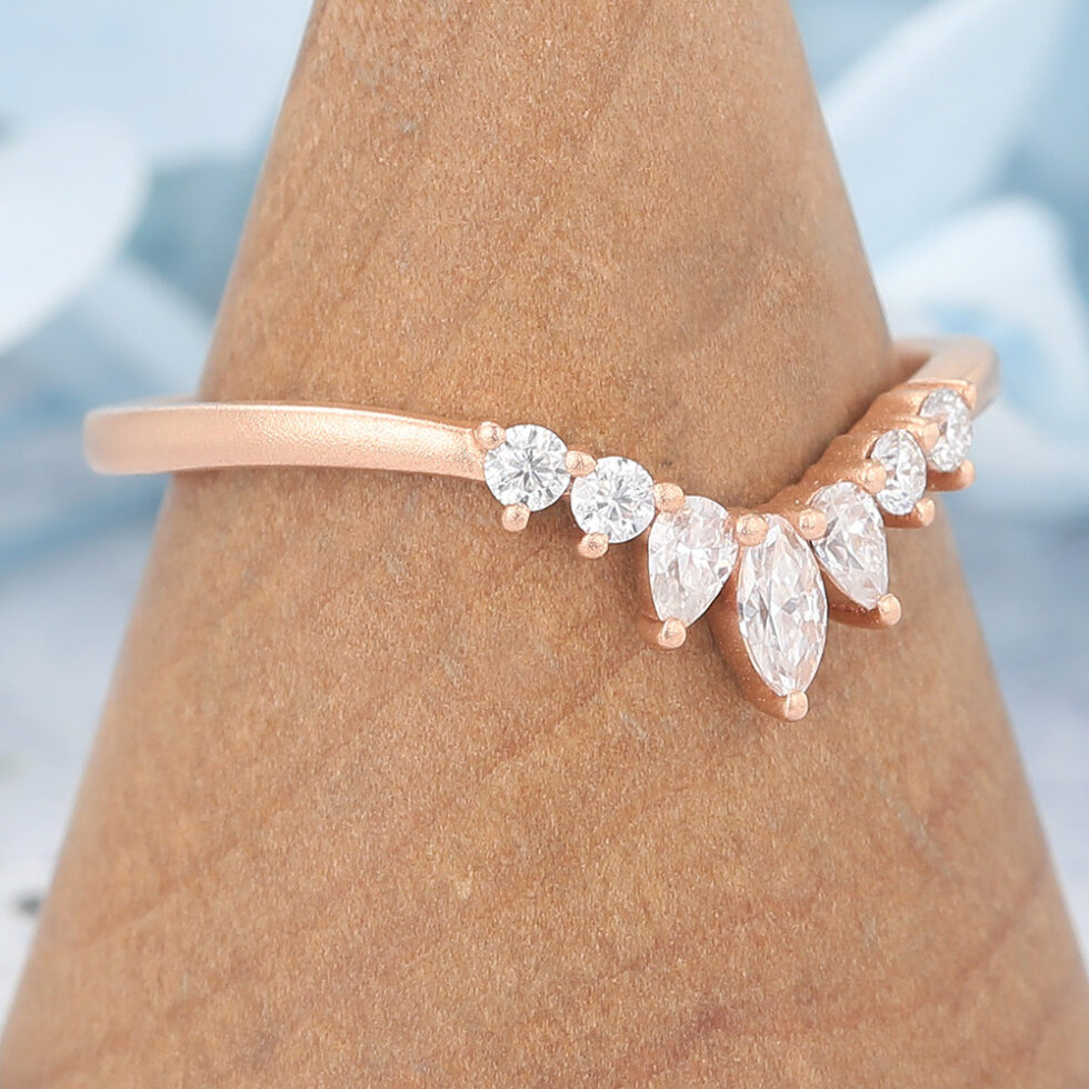 Matte Finish Marquise Moissanite Curved Wedding Band Stacked Ring