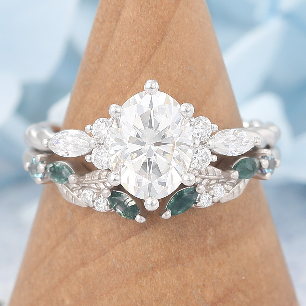 Matte Finish Oval Cut Moissanite Bridal Ring Set Nature-Inspired Matching Band