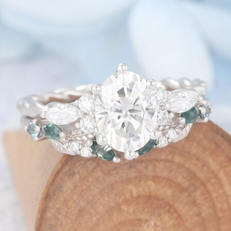 Matte Finish Oval Cut Moissanite Bridal Ring Set Nature-Inspired Matching Band