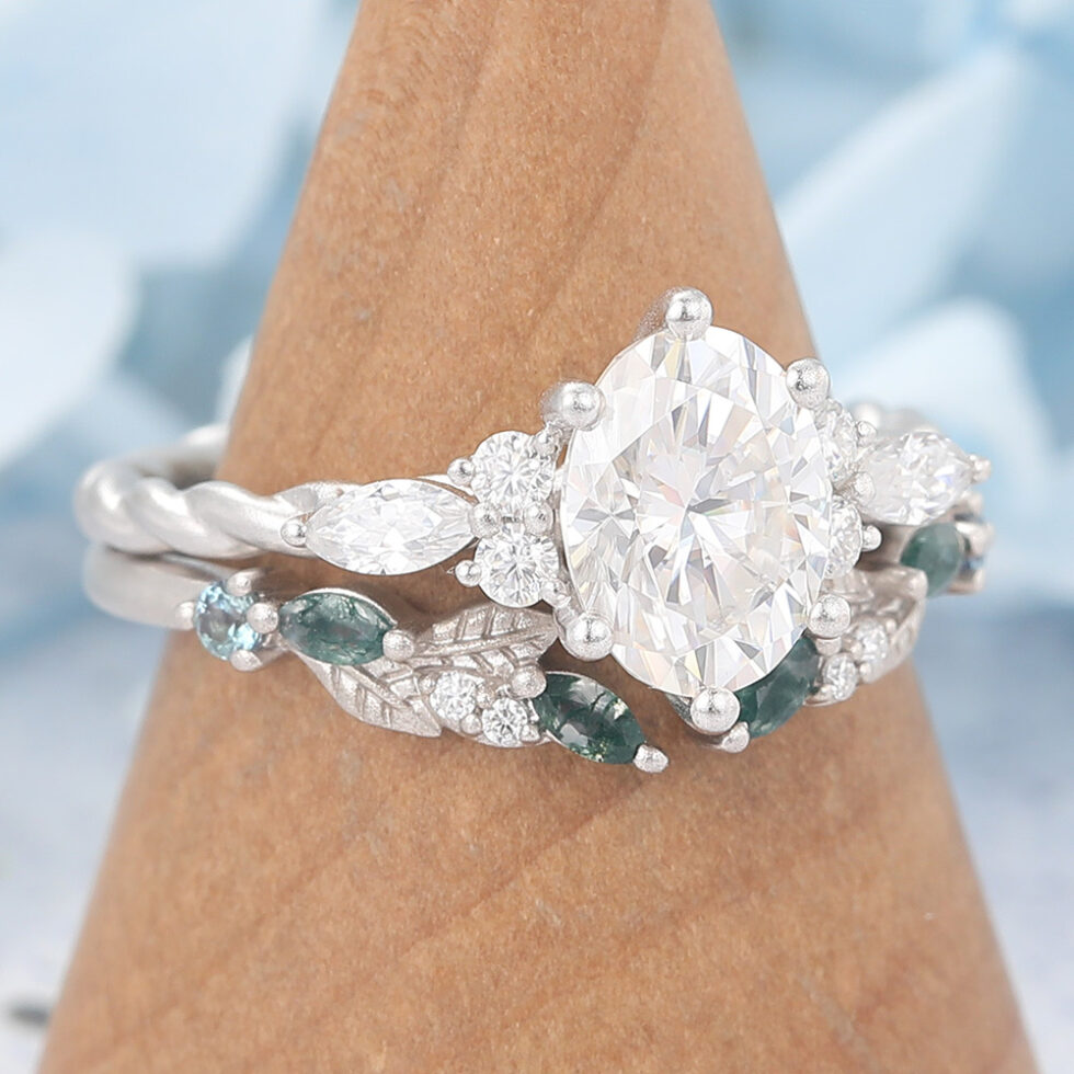 Matte Finish Oval Cut Moissanite Bridal Ring Set Nature-Inspired Matching Band