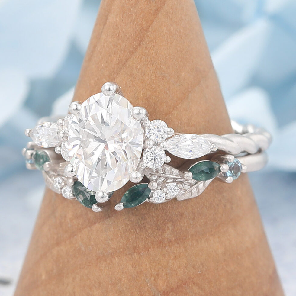 Matte Finish Oval Cut Moissanite Bridal Ring Set Nature-Inspired Matching Band