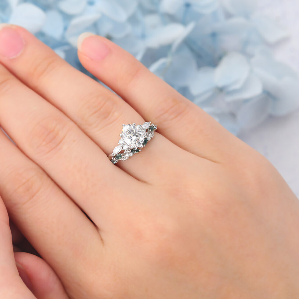 Matte Finish Oval Cut Moissanite Bridal Ring Set Nature-Inspired Matching Band