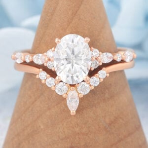 Matte Finish Oval Cut Moissanite Unique Engagement Ring Set with Curved Wedding Band
