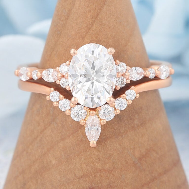 Matte Finish Oval Cut Moissanite Unique Engagement Ring Set with Curved Wedding Band