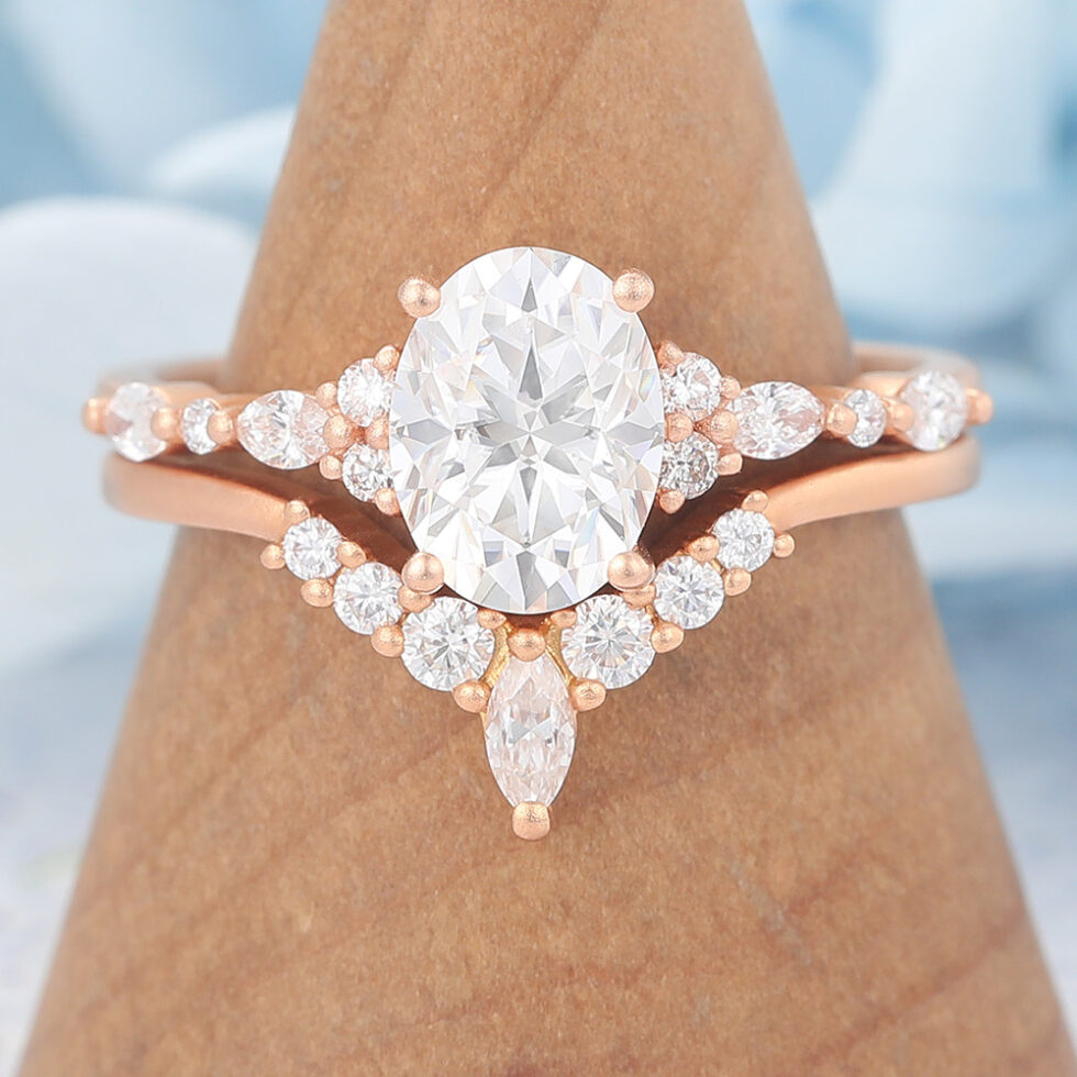 Matte Finish Oval Cut Moissanite Unique Engagement Ring Set with Curved Wedding Band