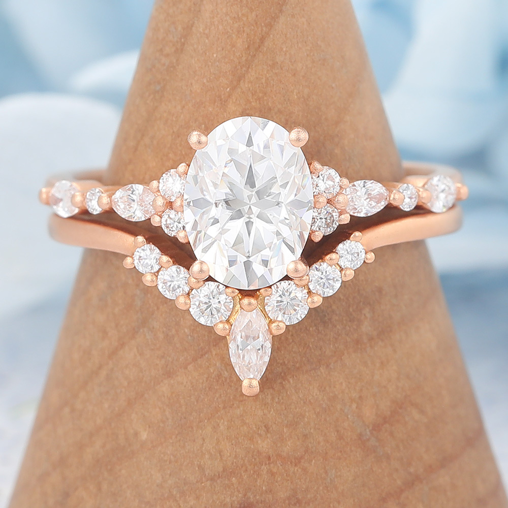 Matte Finish Oval Cut Moissanite Unique Engagement Ring Set with Curved Wedding Band