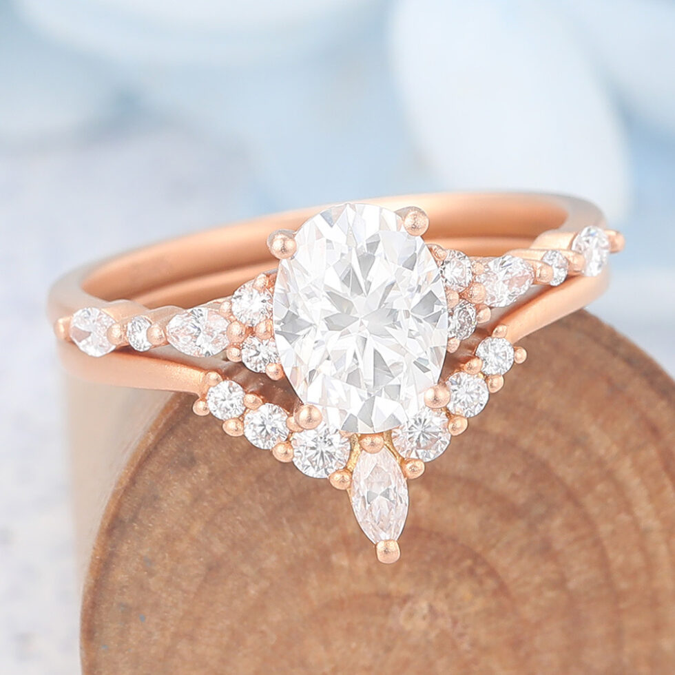 Matte Finish Oval Cut Moissanite Unique Engagement Ring Set with Curved Wedding Band