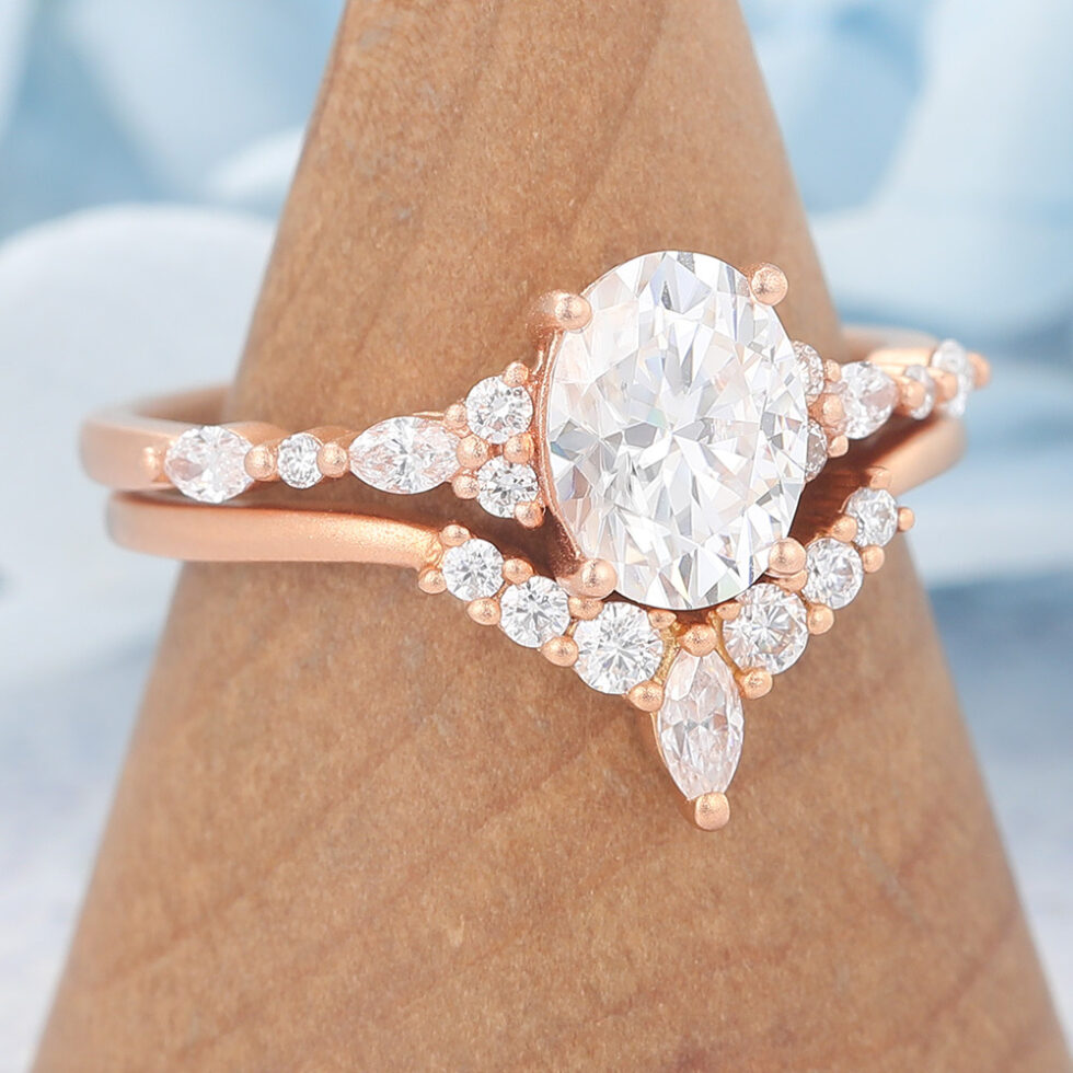 Matte Finish Oval Cut Moissanite Unique Engagement Ring Set with Curved Wedding Band