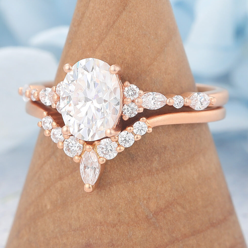 Matte Finish Oval Cut Moissanite Unique Engagement Ring Set with Curved Wedding Band