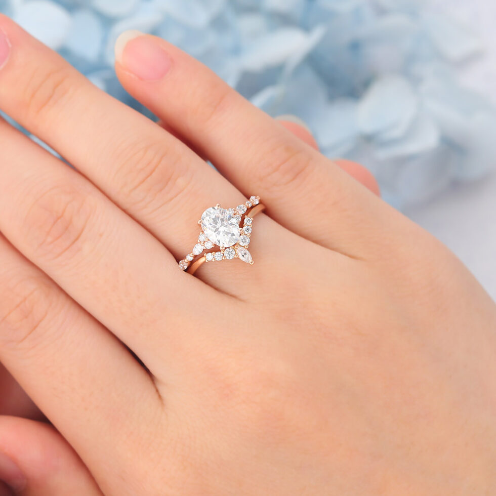 Matte Finish Oval Cut Moissanite Unique Engagement Ring Set with Curved Wedding Band